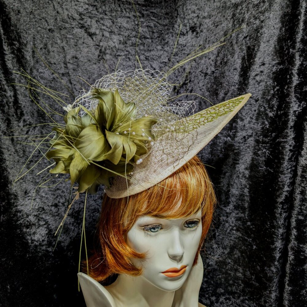 Ivory Fascinator with Olive Green & Ivory French Netting & Feathers